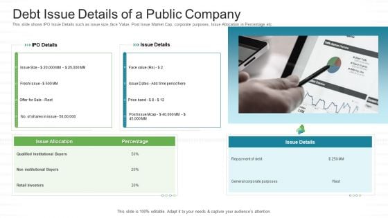 Investor Pitch Stock Market Launch Financial Institutions Debt Issue Details Of A Public Company Sample PDF