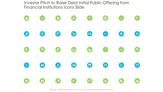 Investor Pitch To Raise Debt Initial Public Offering From Financial Institutions Icons Slide Infographics PDF