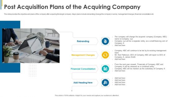 Investors Pitch General Deal Mergers Post Acquisition Plans Of The Acquiring Company Icons PDF