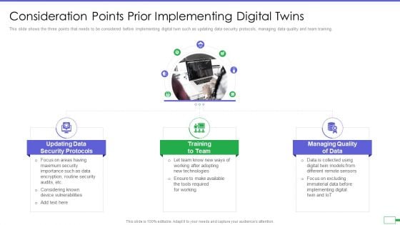 Iot And Digital Twin To Reduce Costs Post Covid Consideration Points Prior Implementing Digital Twins Brochure PDF
