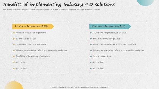 Iot Applications For Manufacturing Industry Benefits Of Implementing Industry 4 0 Solutions Brochure PDF