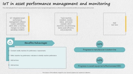 Iot Applications For Manufacturing Industry Iot In Asset Performance Management And Monitoring Diagrams PDF