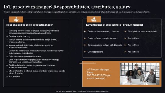 Iot Product Manager Responsibilities Attributes Salary Ppt Outline Icons PDF