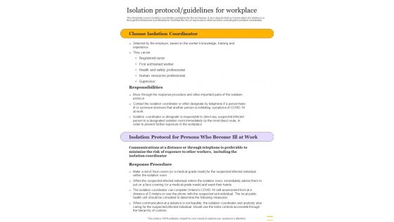 Isolation Protocol Guidelines For Workplace One Pager Sample Example Document