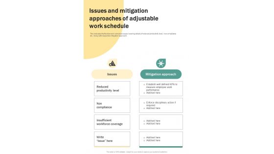 Issues And Mitigation Approaches Of Adjustable Work Schedule One Pager Sample Example Document Issues And Mitigation Approaches Of Adjustable Work Schedule One Pager Sample Example Document