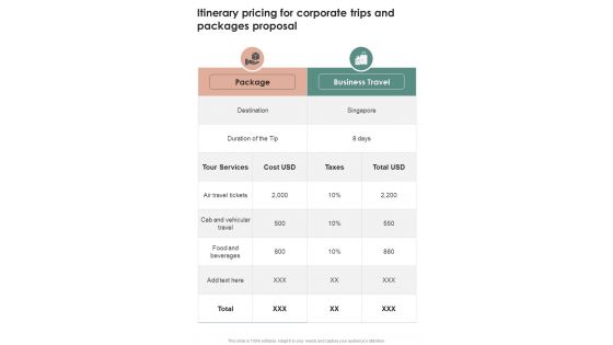 Itinerary Pricing For Corporate Trips And Packages Proposal One Pager Sample Example Document