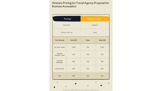 Itinerary Pricing For Travel Agency Proposal For Business Association One Pager Sample Example Document