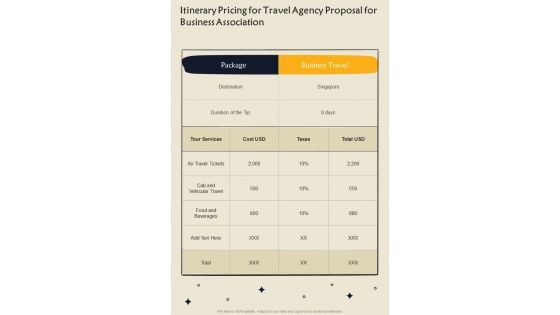 Itinerary Pricing For Travel Agency Proposal For Business Association One Pager Sample Example Document Itinerary Pricing For Travel Agency Proposal For Business Association One Pager Sample Example Document
