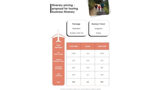 Itinerary Pricing Proposal For Touring Business Itinerary One Pager Sample Example Document