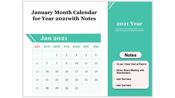 January Month Calendar For Year 2021With Notes Ppt PowerPoint Presentation Outline Structure PDF