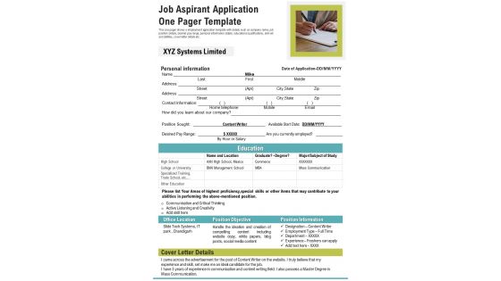 Job Aspirant Application One Pager Template PDF Document PPT Template