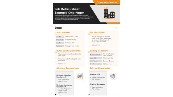 Job Details Sheet Example One Pager PDF Document PPT Template