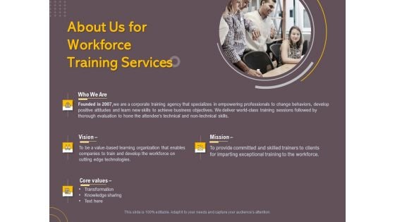 Job Driven Training About Us For Workforce Training Services Ppt Professional PDF