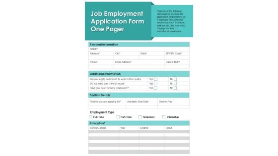 Job Employment Application Form One Pager PDF Document PPT Template