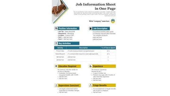 Job Information Sheet In One Page PDF Document PPT Template