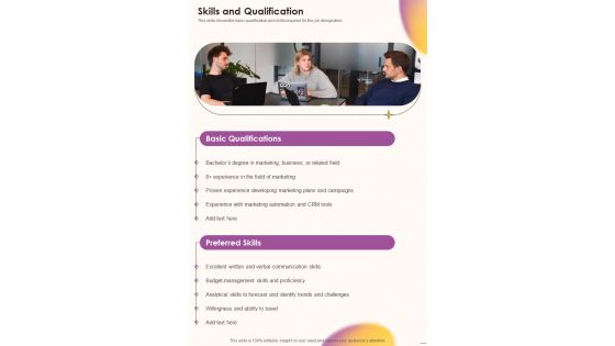 Job Vacancy Proposal Skills And Qualification One Pager Sample Example Document