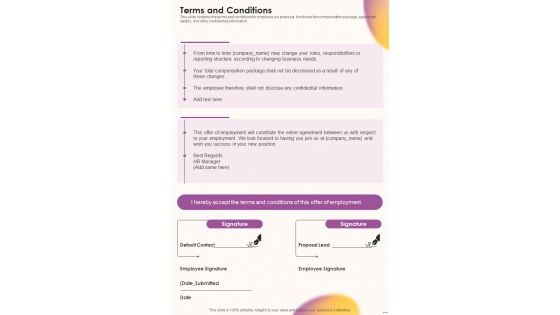 Job Vacancy Proposal Terms And Conditions One Pager Sample Example Document