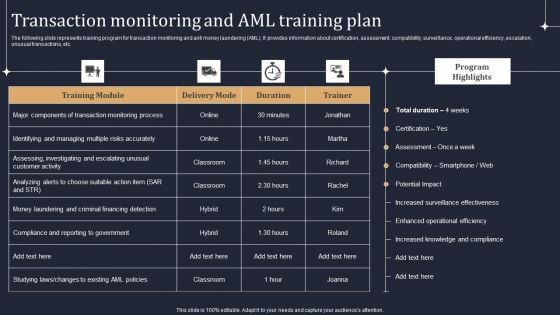 KYC Transaction Monitoring System Business Security Transaction Monitoring And Aml Training Plan Ideas PDF