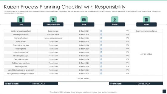 Kaizen Process Planning Checklist With Responsibility Ppt PowerPoint Presentation File Master Slide PDF Kaizen Process Planning Checklist With Responsibility Ppt PowerPoint Presentation File Master Slide PDF