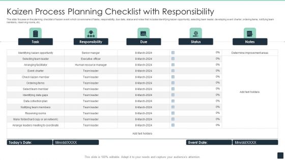 Kaizen Process Planning Checklist With Responsibility Ppt PowerPoint Presentation File Master Slide PDF