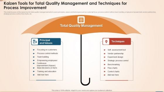 Kaizen Tools For Total Quality Management And Techniques For Process Improvement Clipart PDF