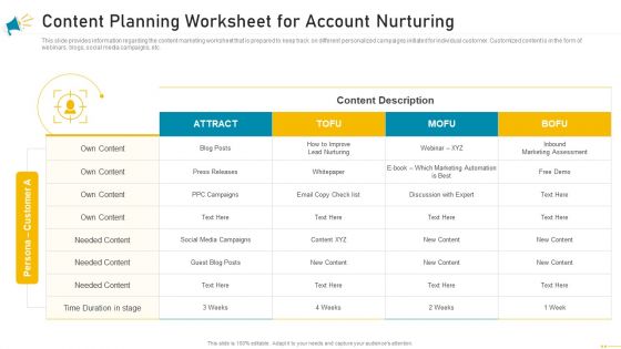 Key Account Marketing Approach Content Planning Worksheet For Account Nurturing Brochure PDF