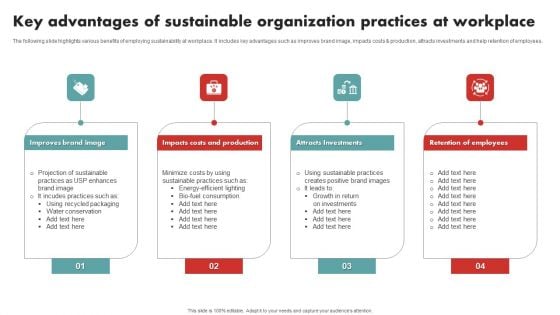 Key Advantages Of Sustainable Organization Practices At Workplace Guidelines PDF