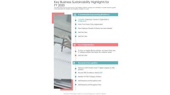 Key Business Sustainability Highlights For FY 2020 One Pager Documents