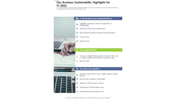 Key Business Sustainability Highlights For FY 2022 One Pager Documents