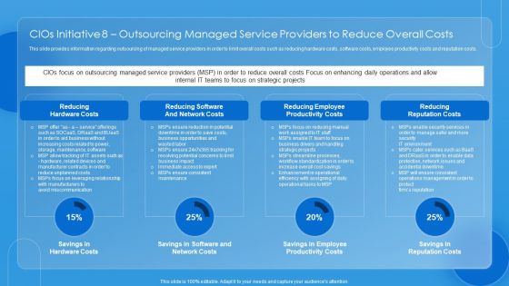 Key CIO Initiatives Cios Initiative 8 Outsourcing Managed Service Providers To Reduce Overall Costs Infographics PDF