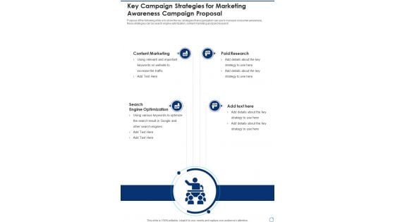 Key Campaign Strategies For Marketing Awareness Campaign Proposal One Pager Sample Example Document Key Campaign Strategies For Marketing Awareness Campaign Proposal One Pager Sample Example Document