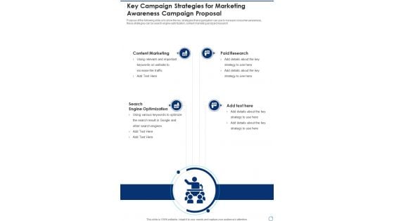 Key Campaign Strategies For Marketing Awareness Campaign Proposal One Pager Sample Example Document