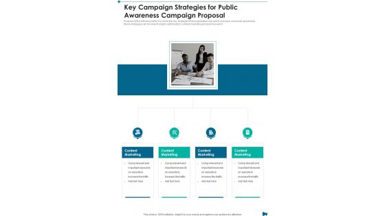 Key Campaign Strategies For Public Awareness Campaign Proposal One Pager Sample Example Document