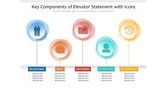 Key Components Of Elevator Statement With Icons Ppt PowerPoint Presentation File Visuals PDF