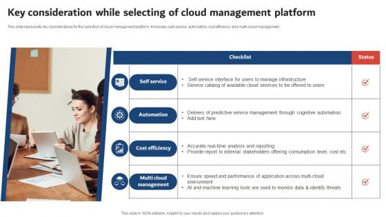 Key Consideration While Selecting Of Cloud Management Platform Pictures PDF