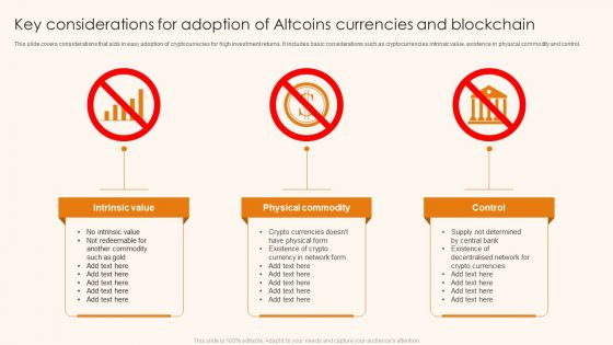 Key Considerations For Adoption Of Altcoins Currencies And Blockchain Ppt Show Design Inspiration PDF