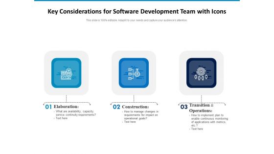 Key Considerations For Software Development Team With Icons Ppt PowerPoint Presentation Gallery Slides PDF