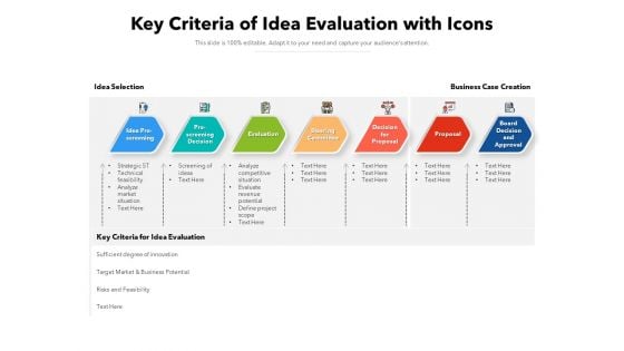 Key Criteria Of Idea Evaluation With Icons Ppt PowerPoint Presentation Gallery Shapes PDF