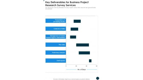 Key Deliverables For Business Project Research Survey Services One Pager Sample Example Document