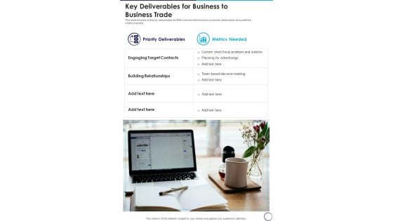 Key Deliverables For Business To Business Trade One Pager Sample Example Document