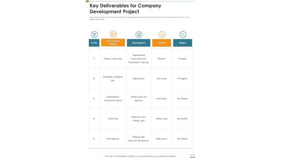 Key Deliverables For Company Development Project One Pager Sample Example Document