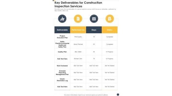 Key Deliverables For Construction Inspection Services One Pager Sample Example Document