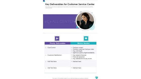 Key Deliverables For Customer Service Center One Pager Sample Example Document