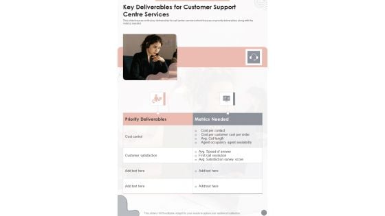 Key Deliverables For Customer Support Centre Services One Pager Sample Example Document