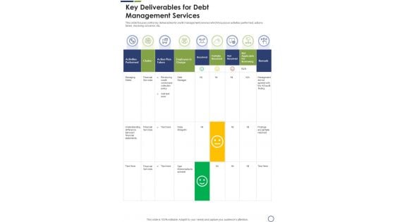Key Deliverables For Debt Management Services One Pager Sample Example Document
