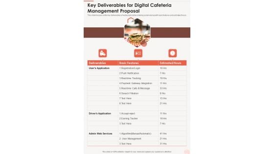 Key Deliverables For Digital Cafeteria Management Proposal One Pager Sample Example Document