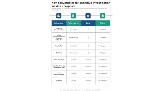 Key Deliverables For Exclusive Investigation Services Proposal One Pager Sample Example Document