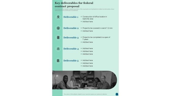 Key Deliverables For Federal Contract Proposal One Pager Sample Example Document Key Deliverables For Federal Contract Proposal One Pager Sample Example Document