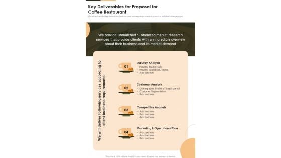 Key Deliverables For Proposal For Coffee Restaurant One Pager Sample Example Document Key Deliverables For Proposal For Coffee Restaurant One Pager Sample Example Document