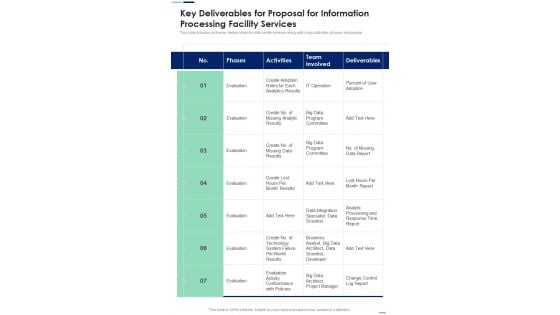 Key Deliverables For Proposal For Information Processing Facility Services One Pager Sample Example Document